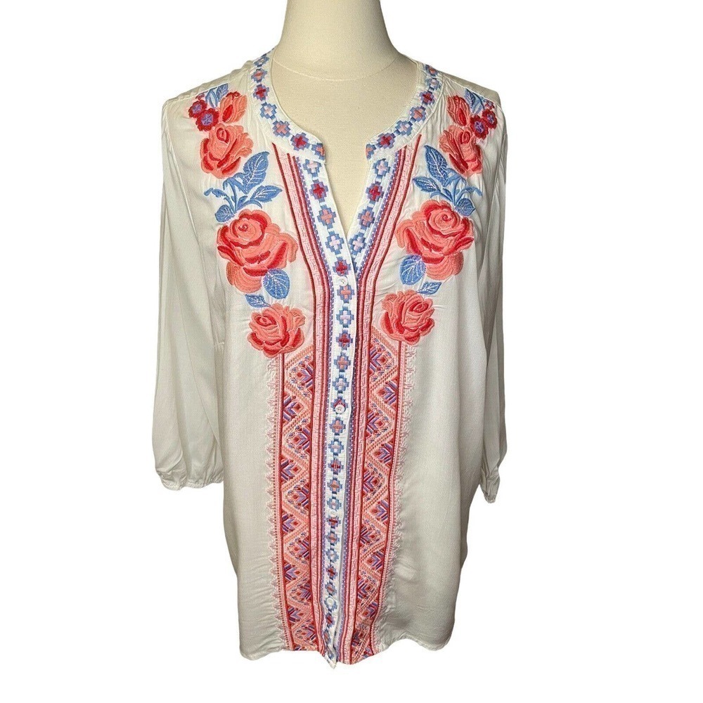 Sitting Pretty Seaside Floral Boho Chic Embroidered Blouse 1X